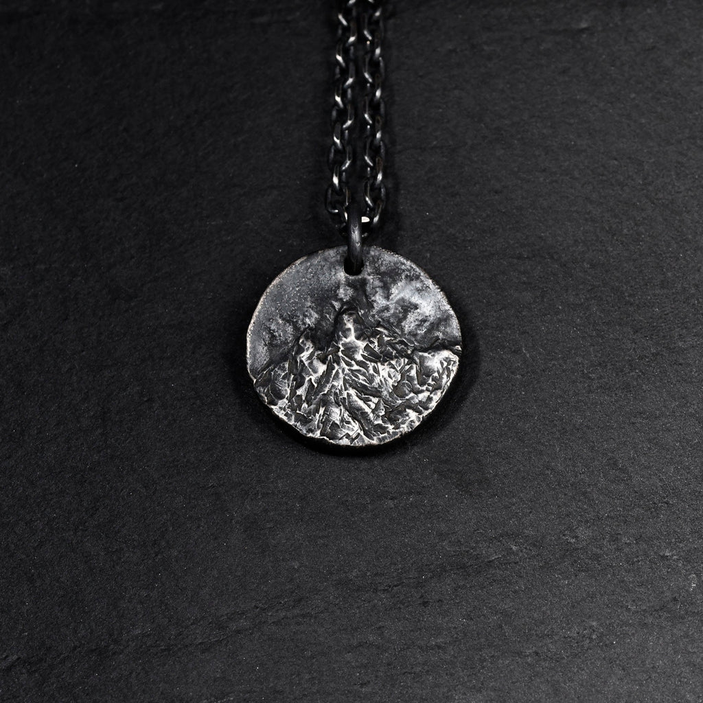 Hand-carved Mountain Pendant in Oxidized Sterling Silver, Rustic Handmade Natural Necklace, Anniversary/Birthday Gift For Man
