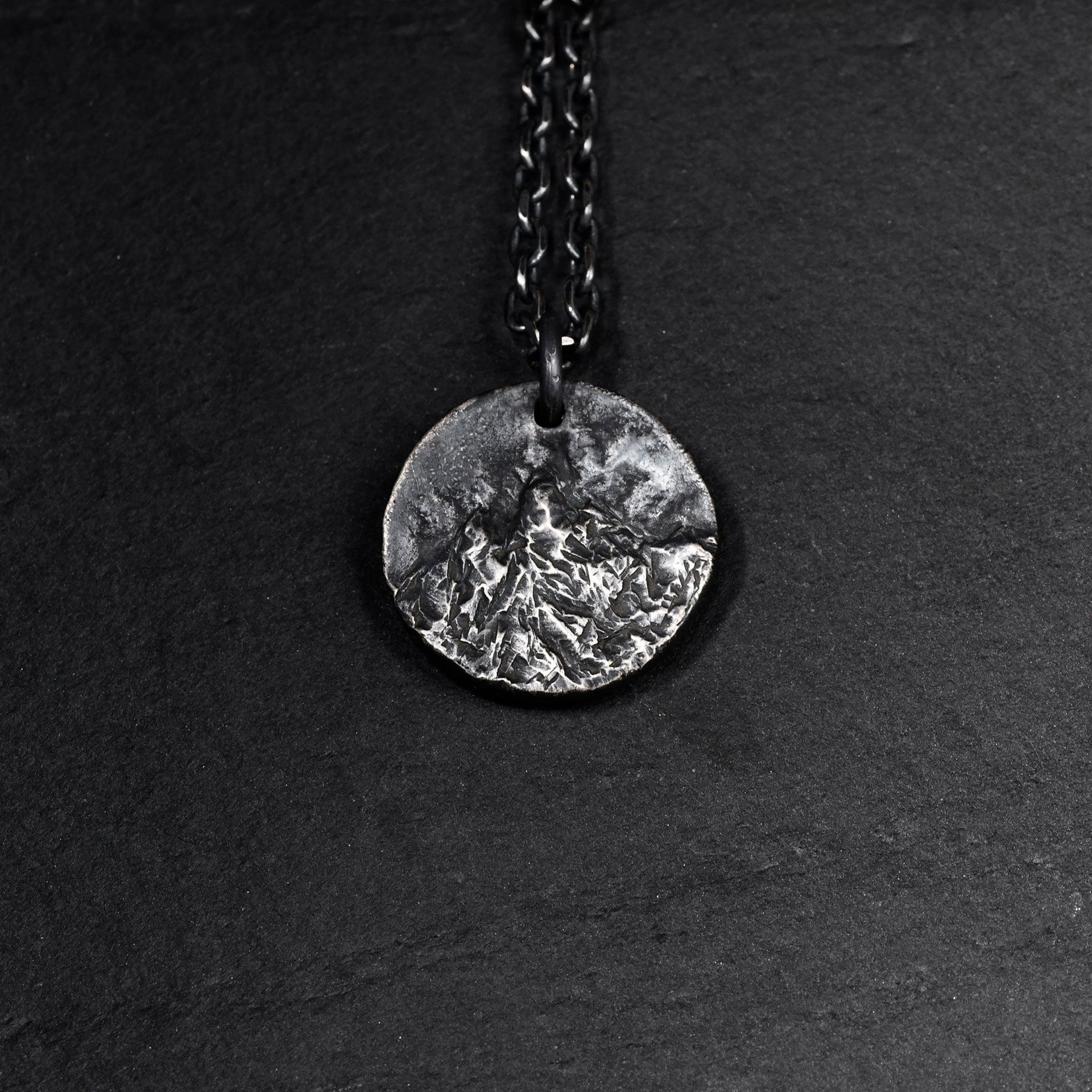 Hand-carved Mountain Pendant in Oxidized Sterling Silver, Rustic Handmade Natural Necklace, Anniversary/Birthday Gift For Man