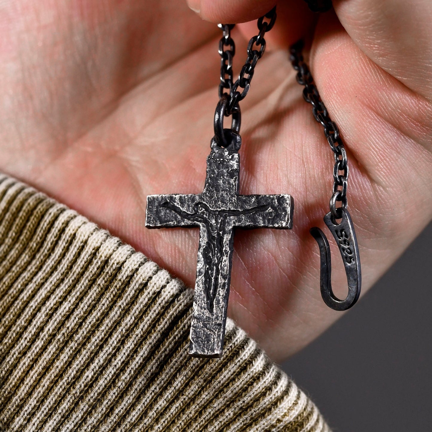 Rustic Sterling Silver Crucifix Necklace | Handmade Christian Cross Pendant | Personalized Anniversary/Birthday Gift for Men