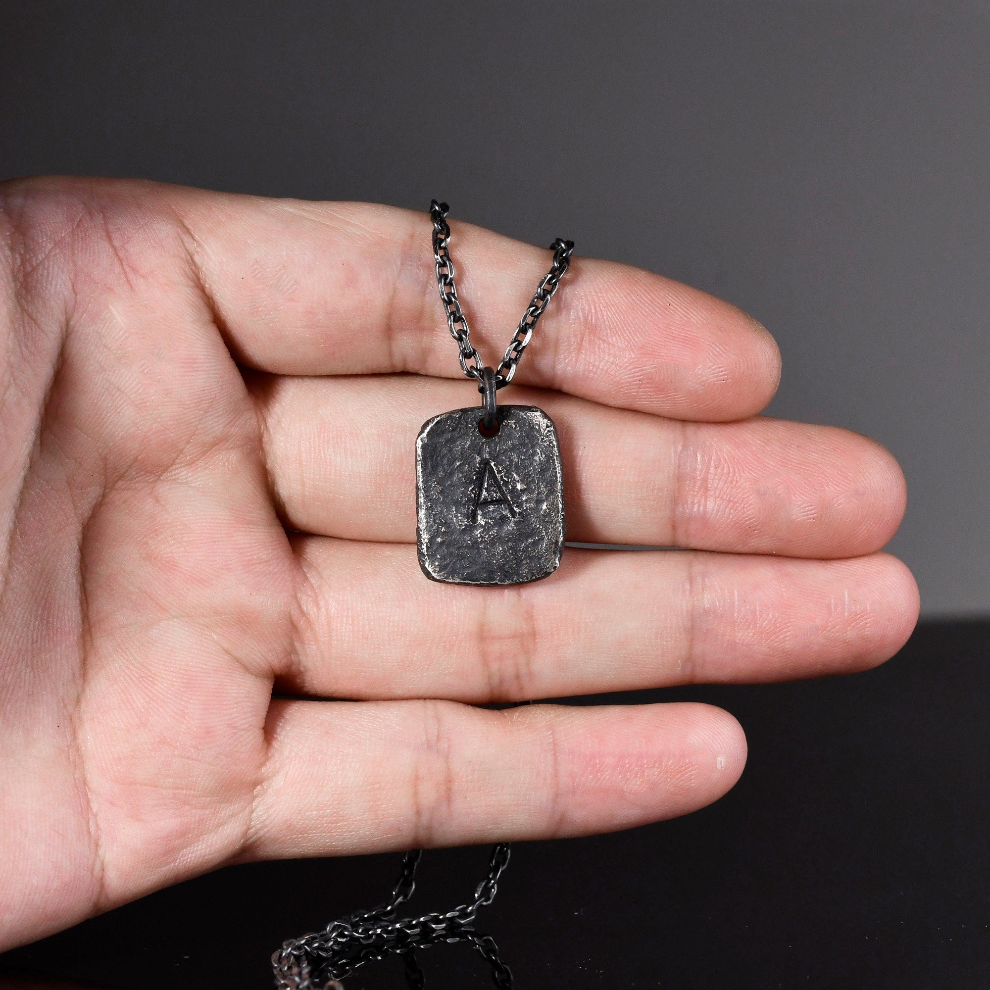 Oxidized Men's Sterling Silver Custom Initial Pendant / Rustic Handmade Stamp Letter necklace as Anniversary or Birthday Gift For Man