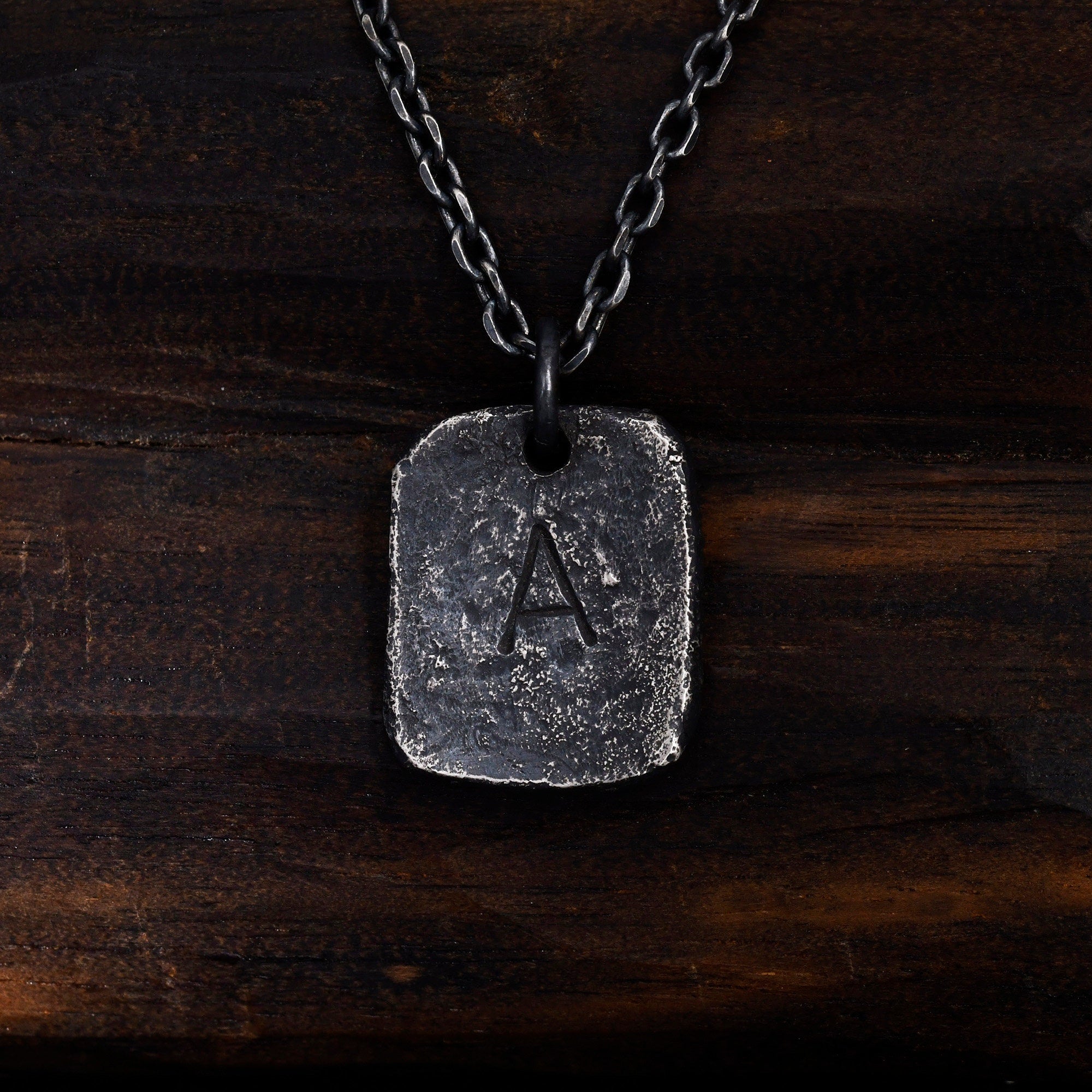 Oxidized Men's Sterling Silver Custom Initial Pendant / Rustic Handmade Stamp Letter necklace as Anniversary or Birthday Gift For Man