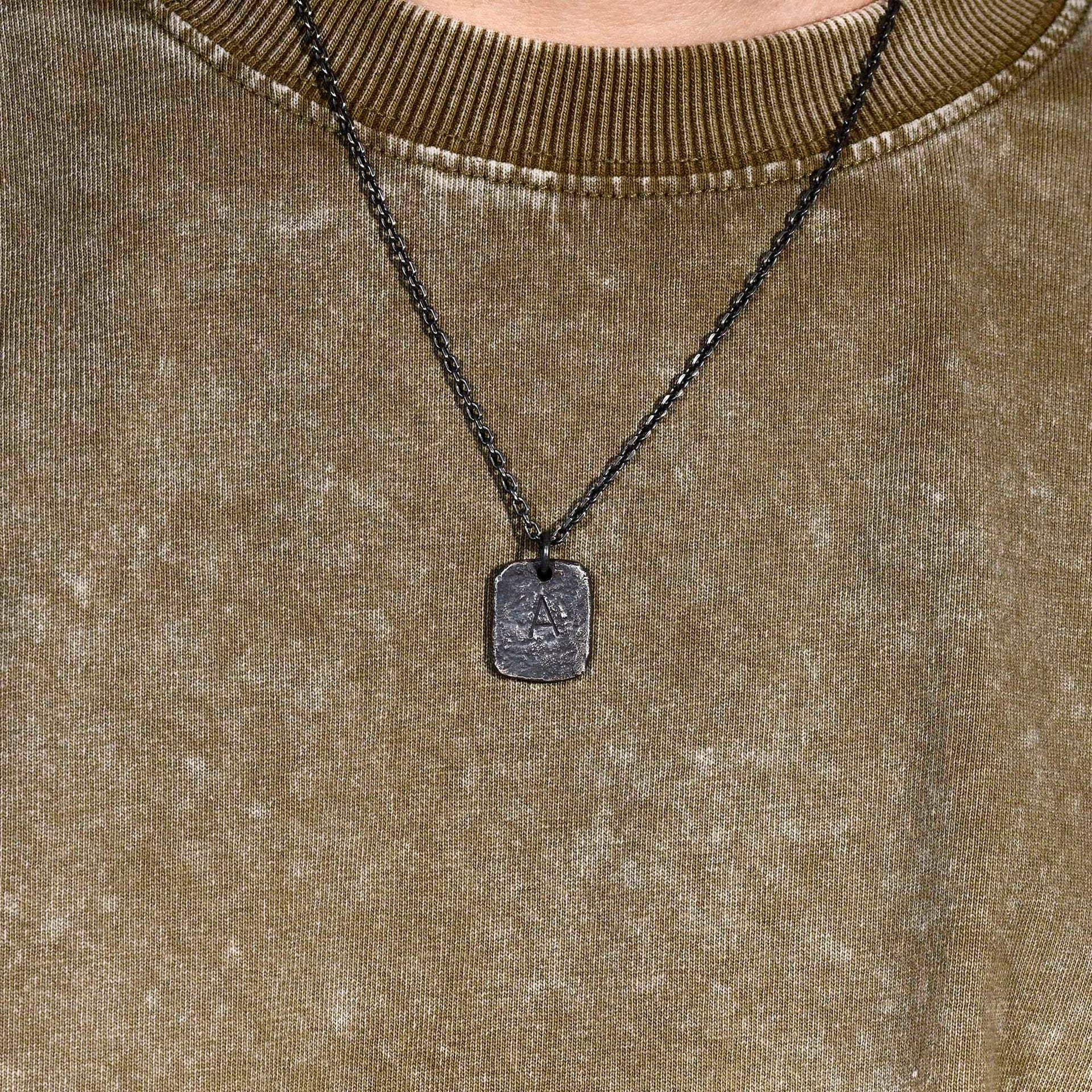 Oxidized Men's Sterling Silver Custom Initial Pendant / Rustic Handmade Stamp Letter necklace as Anniversary or Birthday Gift For Man