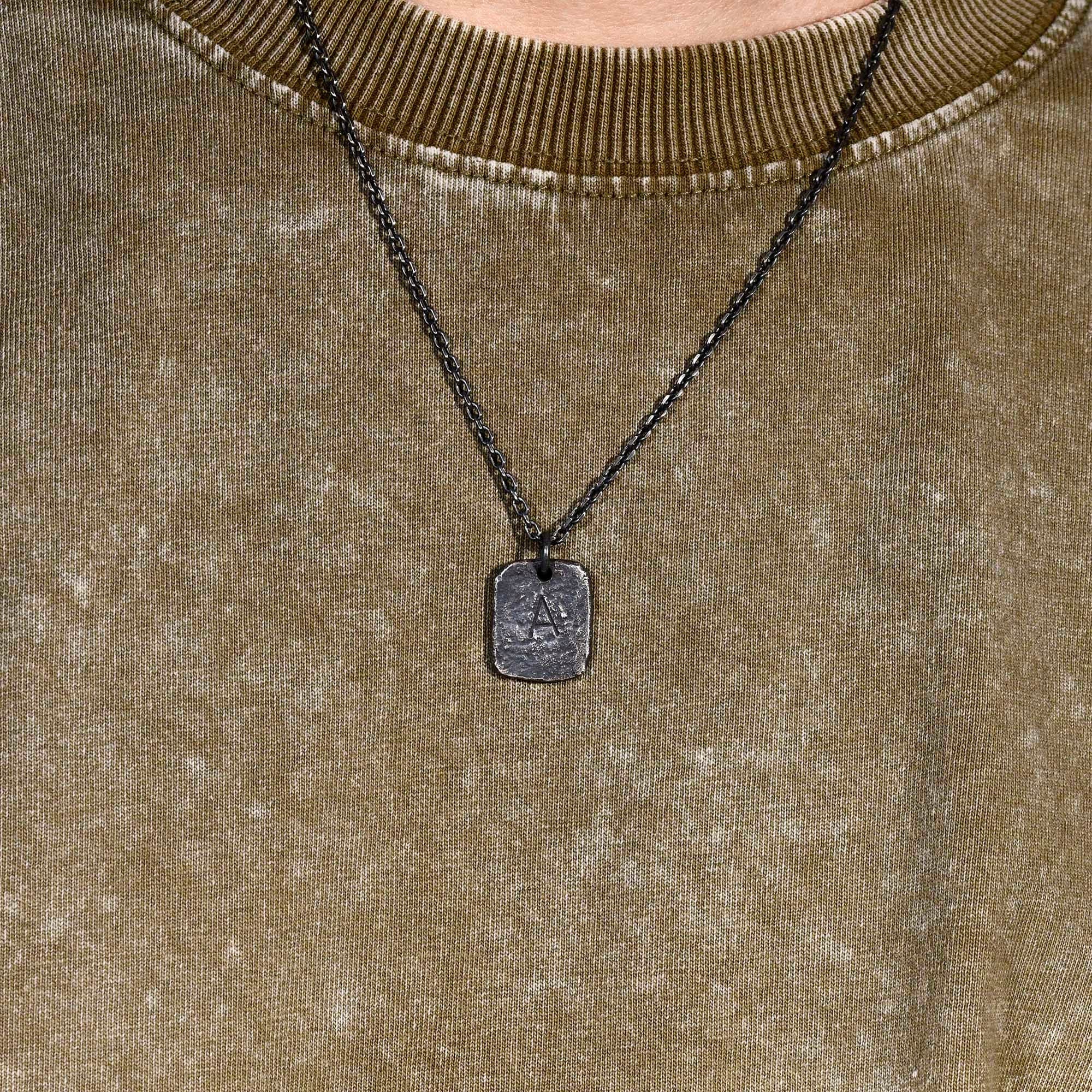 Oxidized Men's Sterling Silver Custom Initial Pendant / Rustic Handmade Stamp Letter necklace as Anniversary or Birthday Gift For Man