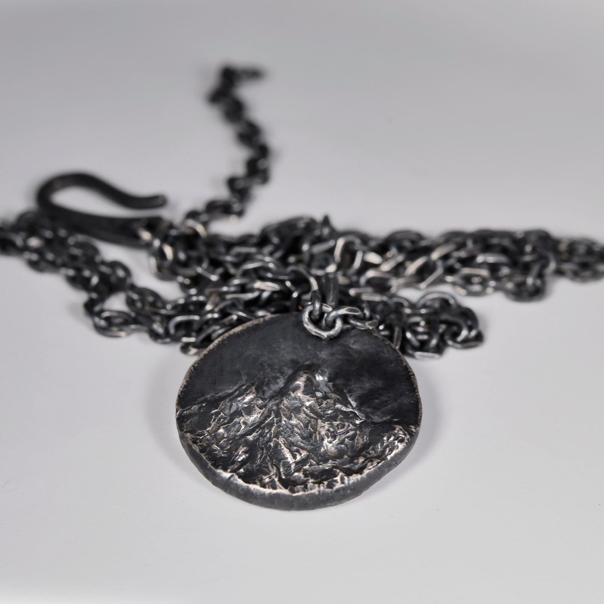 Hand-carved Mountain Pendant in Oxidized Sterling Silver, Rustic Handmade Natural Necklace, Anniversary/Birthday Gift For Man