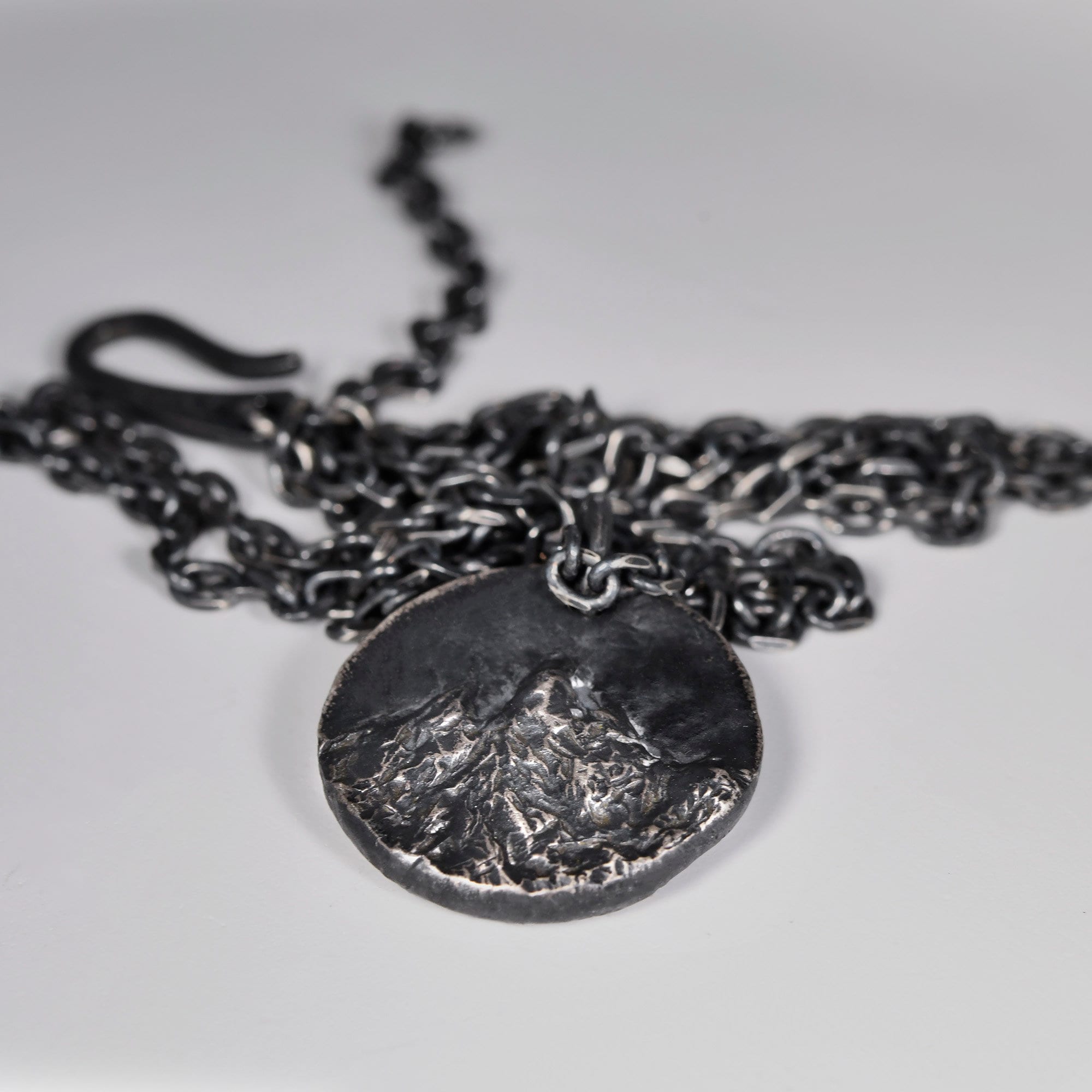 Hand-carved Mountain Pendant in Oxidized Sterling Silver, Rustic Handmade Natural Necklace, Anniversary/Birthday Gift For Man
