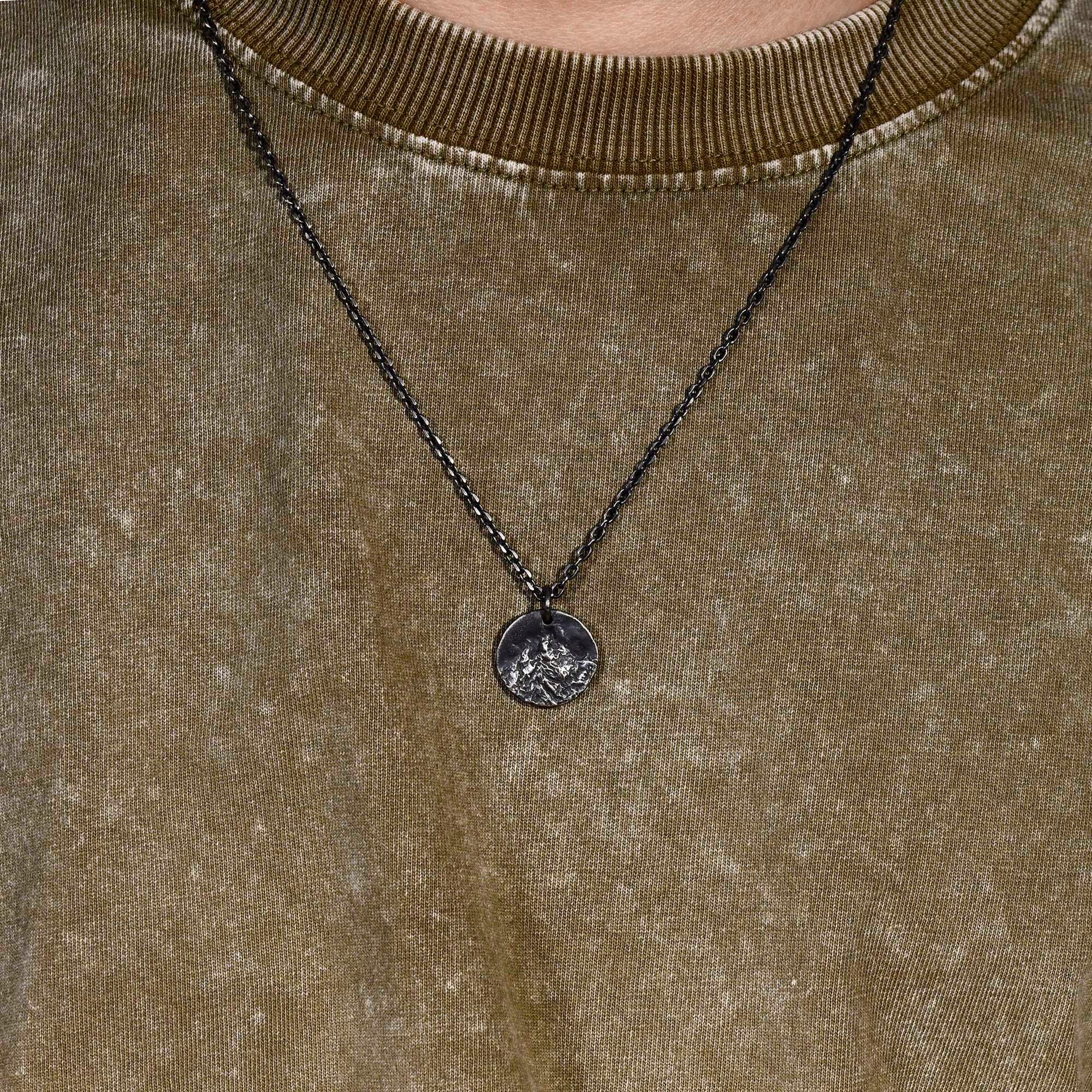 Hand-carved Mountain Pendant in Oxidized Sterling Silver, Rustic Handmade Natural Necklace, Anniversary/Birthday Gift For Man