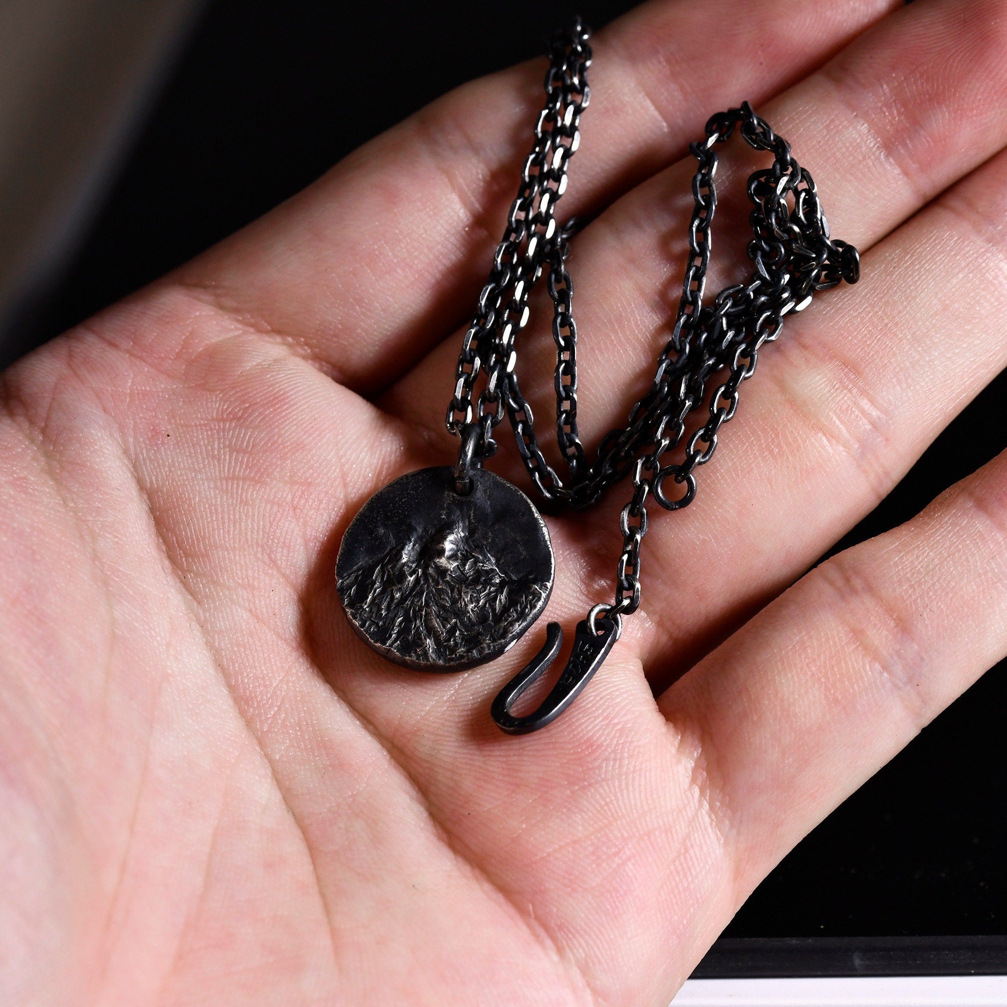 Hand-carved Mountain Pendant in Oxidized Sterling Silver, Rustic Handmade Natural Necklace, Anniversary/Birthday Gift For Man