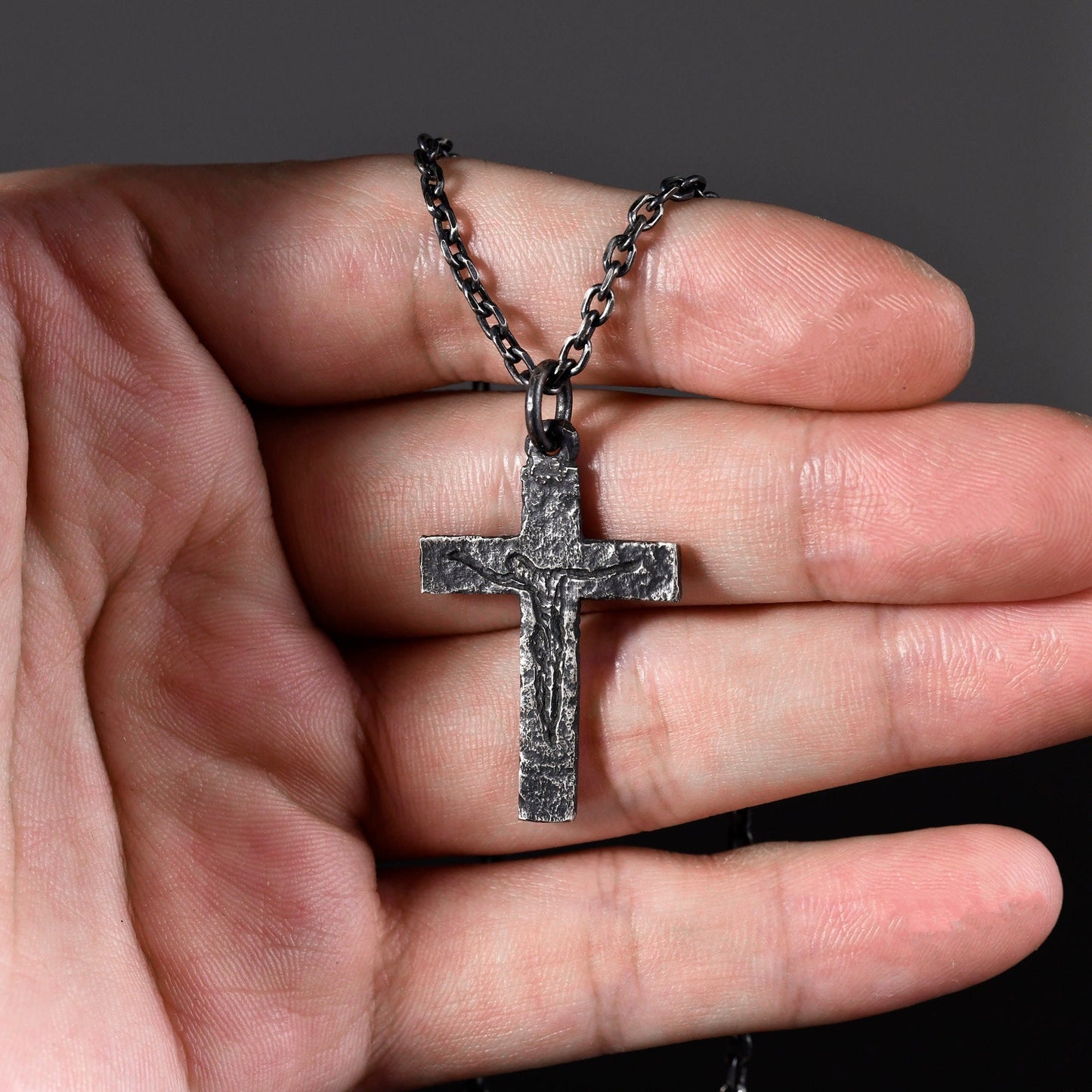 Rustic Sterling Silver Crucifix Necklace | Handmade Christian Cross Pendant | Personalized Anniversary/Birthday Gift for Men