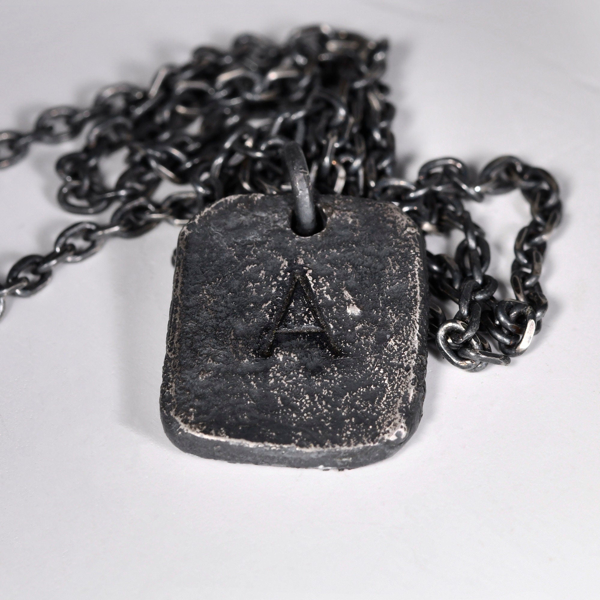 Oxidized Men's Sterling Silver Custom Initial Pendant / Rustic Handmade Stamp Letter necklace as Anniversary or Birthday Gift For Man