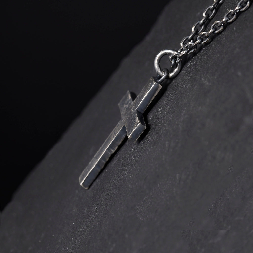 Black Silver & 18k Gold Fusing Lava Cross Necklace for Men | Rustic Handmade Masculine Pendant