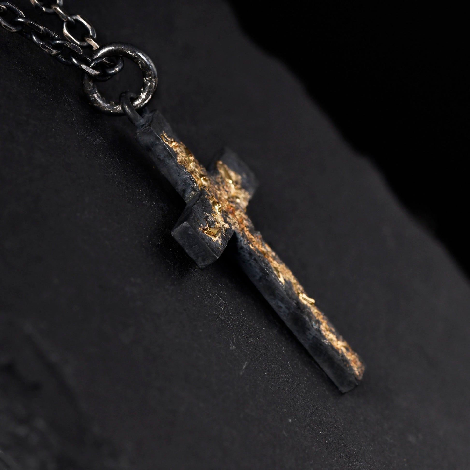 Black Silver & 18k Gold Fusing Lava Cross Necklace for Men | Rustic Handmade Masculine Pendant