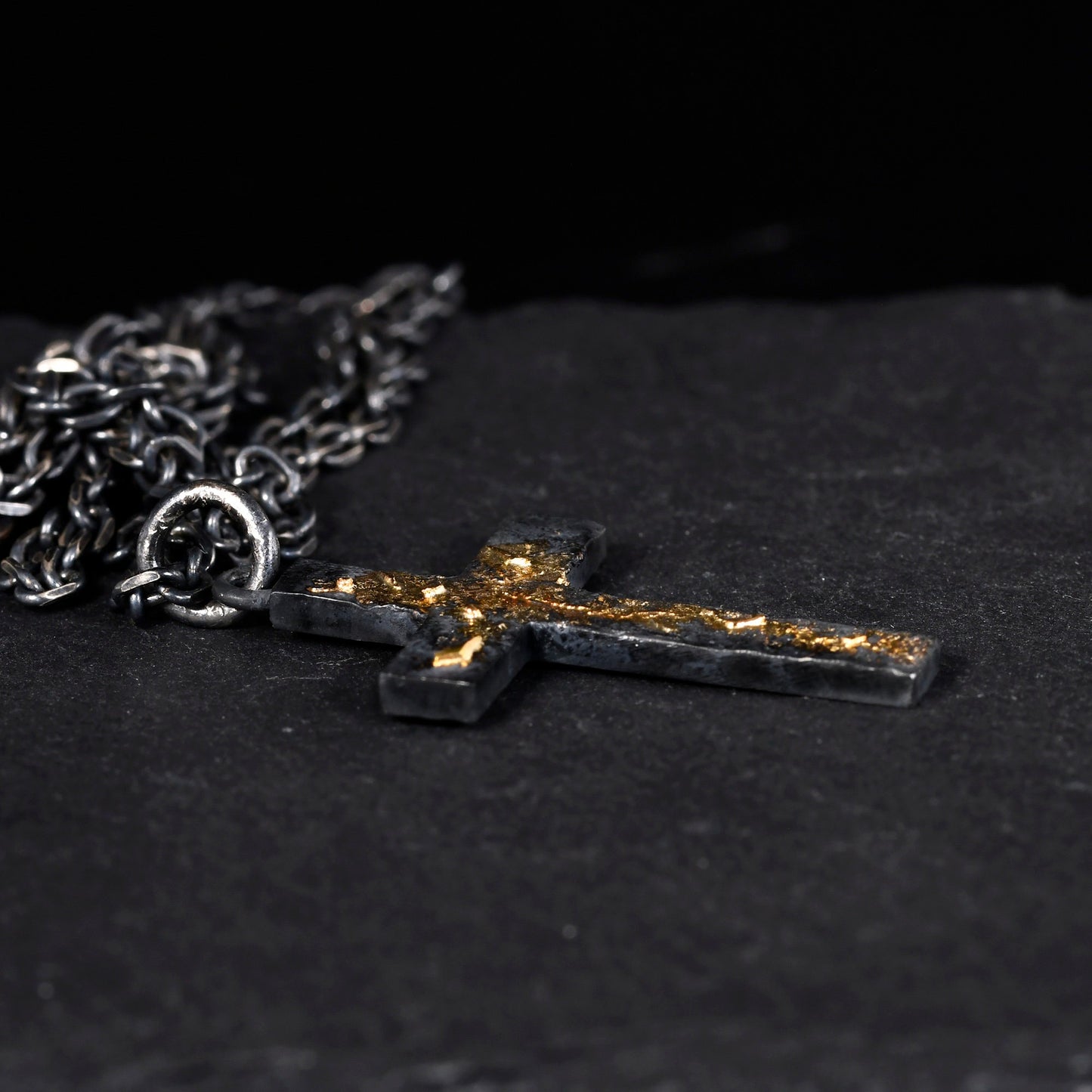 Black Silver & 18k Gold Fusing Lava Cross Necklace for Men | Rustic Handmade Masculine Pendant