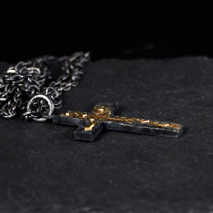 Black Silver & 18k Gold Fusing Lava Cross Necklace for Men | Rustic Handmade Masculine Pendant