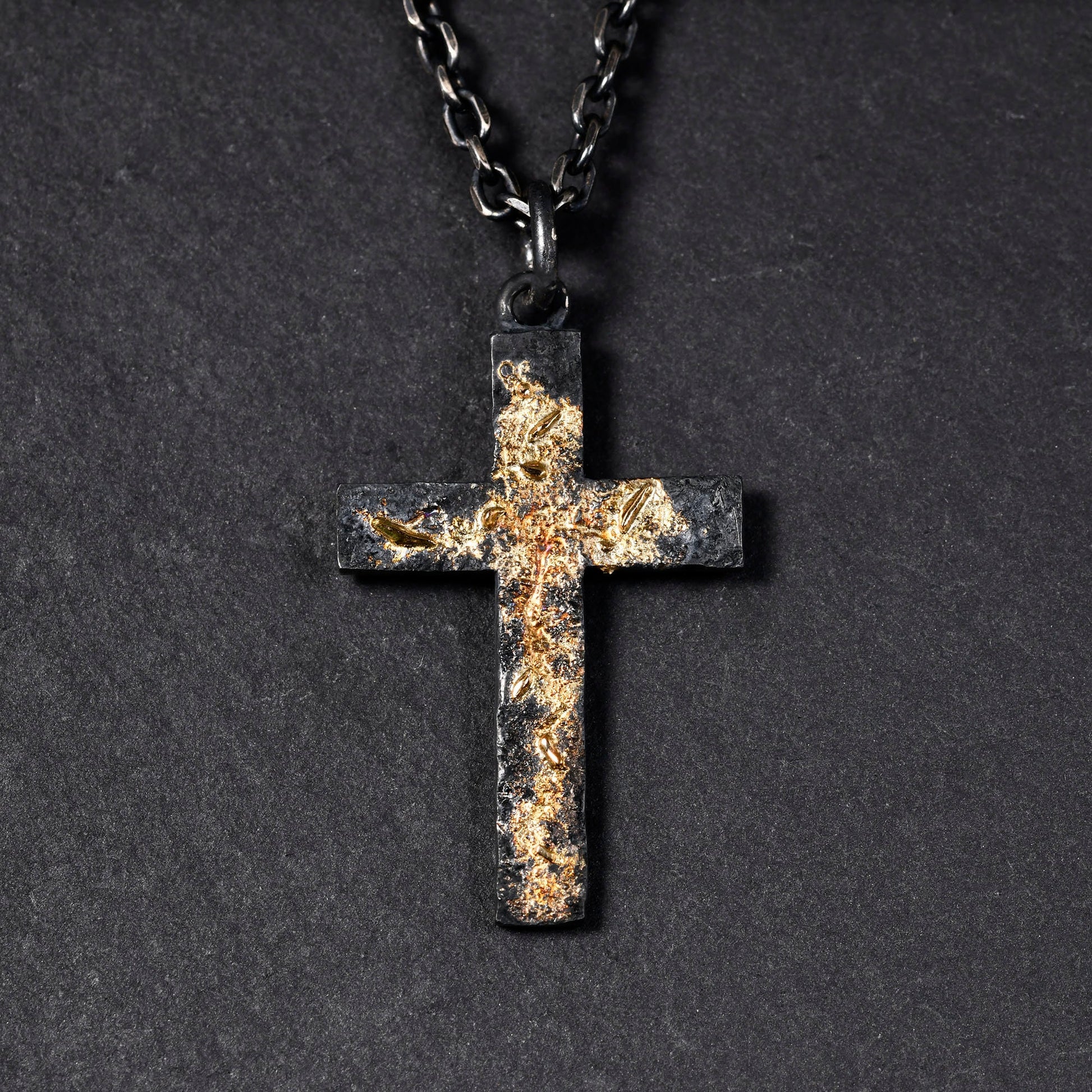 Black Silver & 18k Gold Fusing Lava Cross Necklace for Men | Rustic Handmade Masculine Pendant