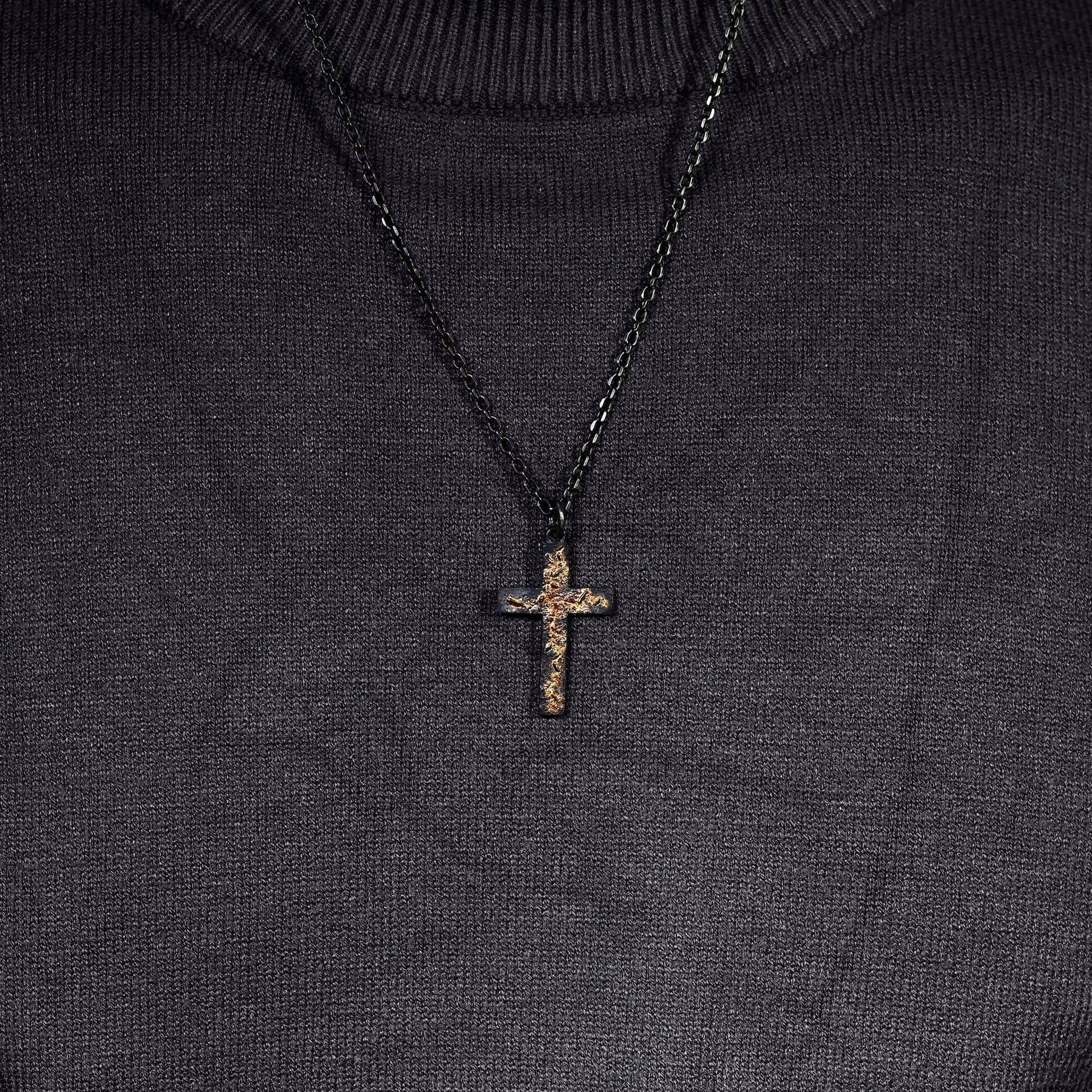 Black Silver & 18k Gold Fusing Lava Cross Necklace for Men | Rustic Handmade Masculine Pendant