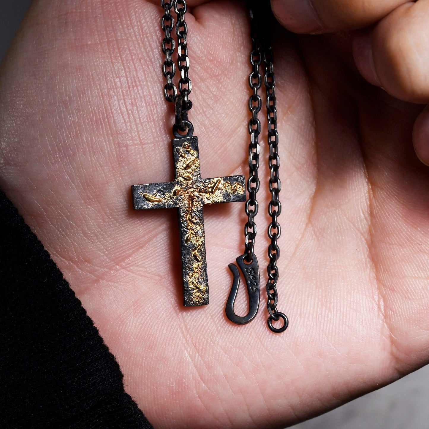 Black Silver & 18k Gold Fusing Lava Cross Necklace for Men | Rustic Handmade Masculine Pendant