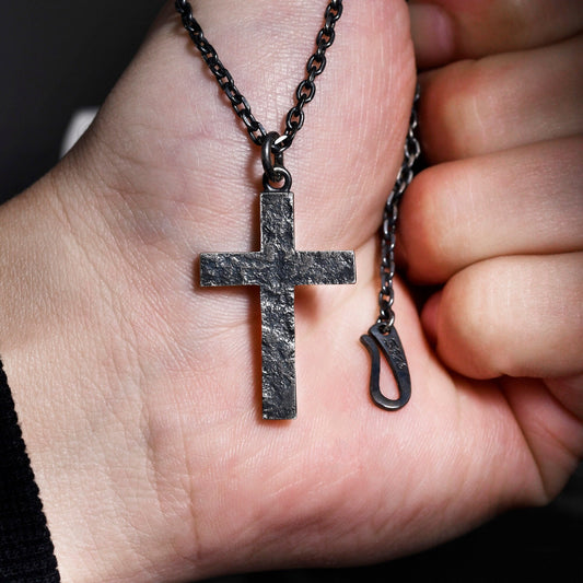 Rock texture Silver Cross Man's Necklace / Father's Day gift/Black Rustic Handmade masculine cross Pendant