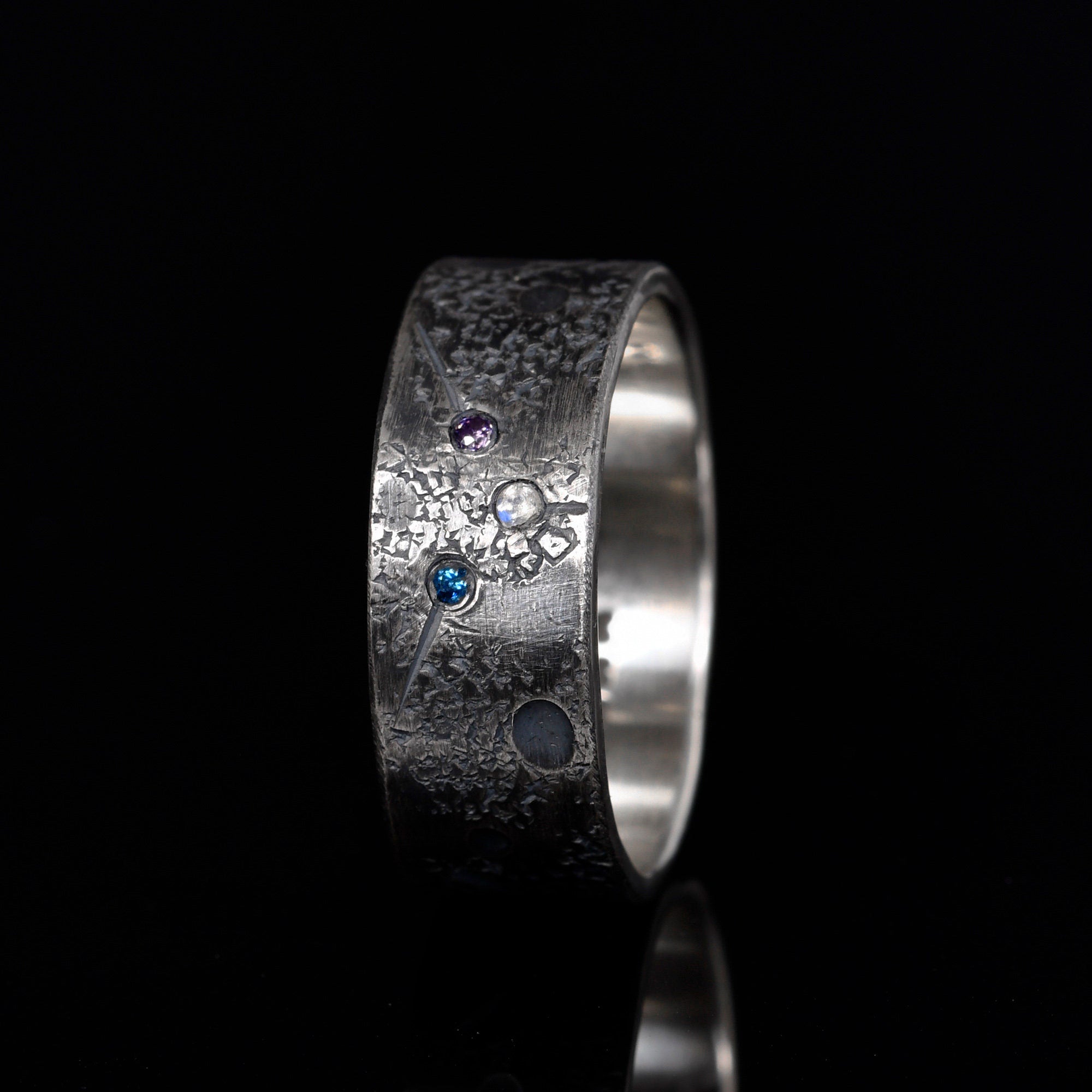 Personalized Family Birthstone Celestial Ring/Viking Wedding Band/Celtic Ring/Moon and Star ring/Chunky rings/planet ring/Hand Forged Ring