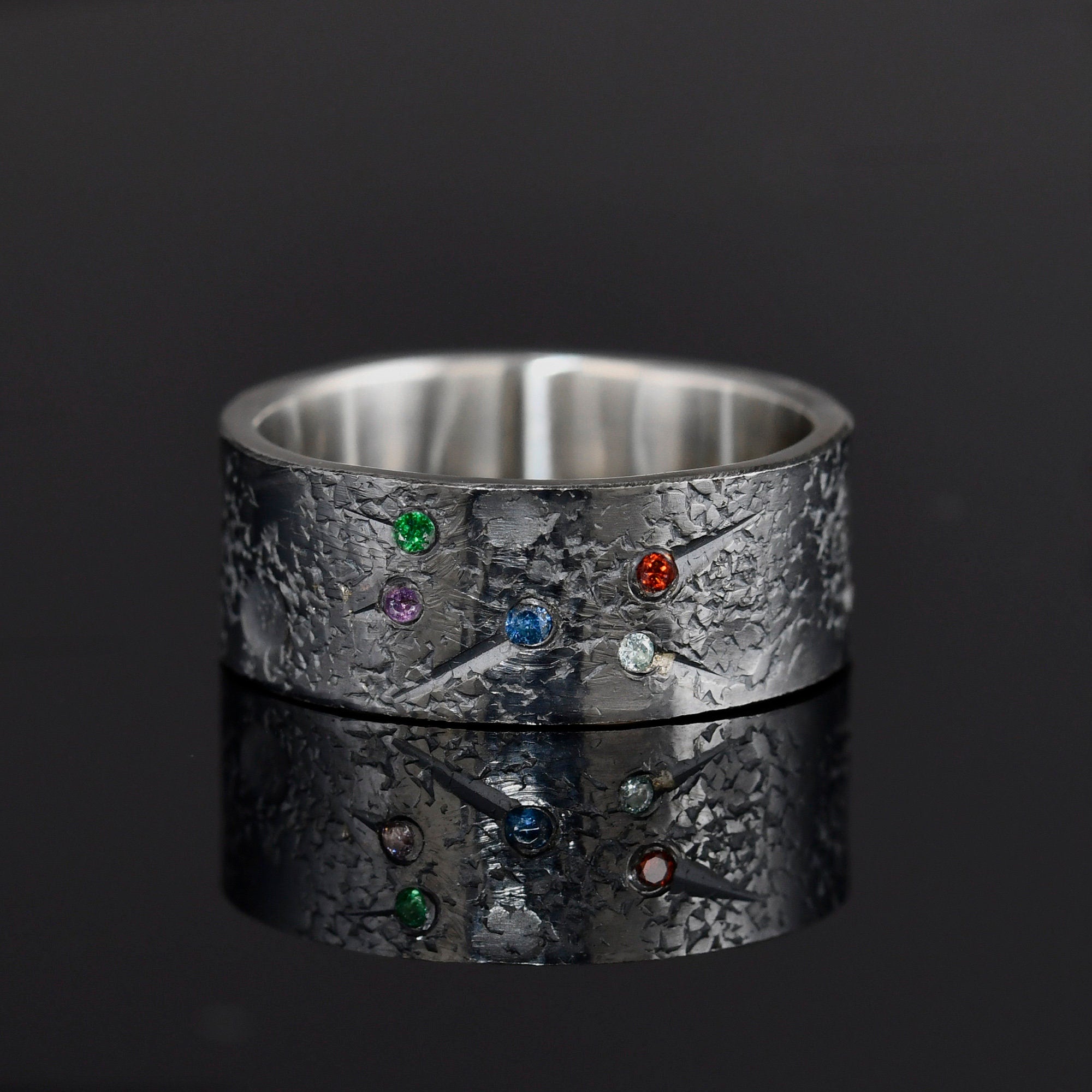 Personalized Family Birthstone Celestial Ring/Viking Wedding Band/Celtic Ring/Moon and Star ring/Chunky rings/planet ring/Hand Forged Ring