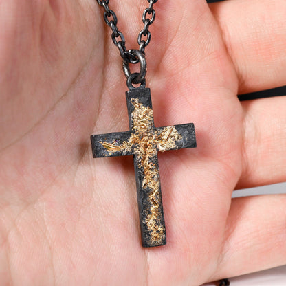 Black Silver & 18k Gold Fusing Lava Cross Necklace for Men | Rustic Handmade Masculine Pendant