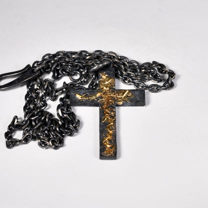 Black Silver & 18k Gold Fusing Lava Cross Necklace for Men | Rustic Handmade Masculine Pendant