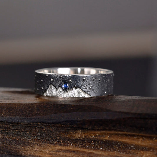 Moonstone Mountain Ring in S925 Sterling Silver | Viking Wedding Band | Chunky Hand Forged Moon and Mountain Design