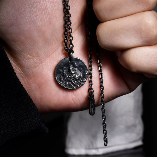 Hand-carved Mountain Pendant in Oxidized Sterling Silver, Rustic Handmade Natural Necklace, Anniversary/Birthday Gift For Man