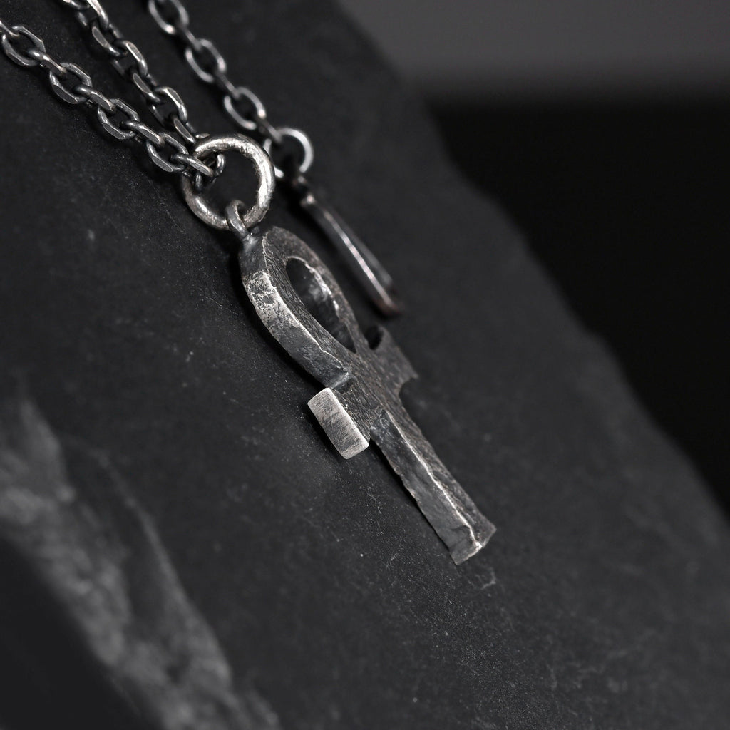 Silver Egyptian Ankh Cross Man's Necklace/ Black Rock Texture Rustic Handmade Cross Pendant