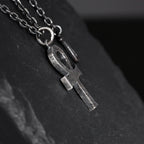 Silver Egyptian Ankh Cross Man's Necklace/ Black Rock Texture Rustic Handmade Cross Pendant