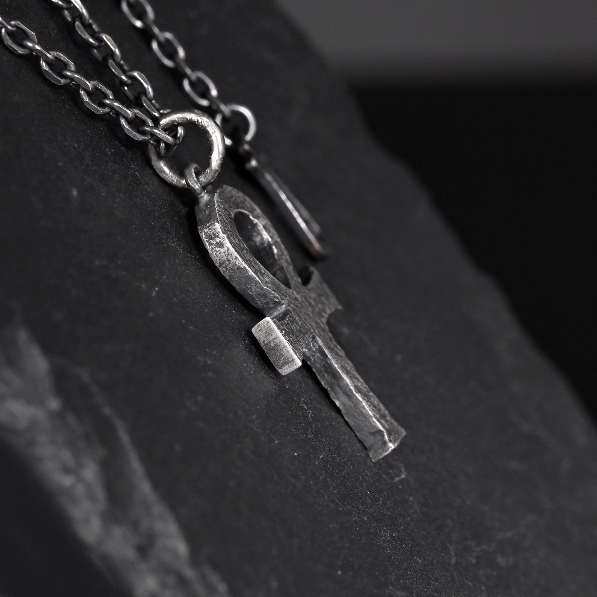 Egyptian ankh pendant necklace with dark oxidized silver finish