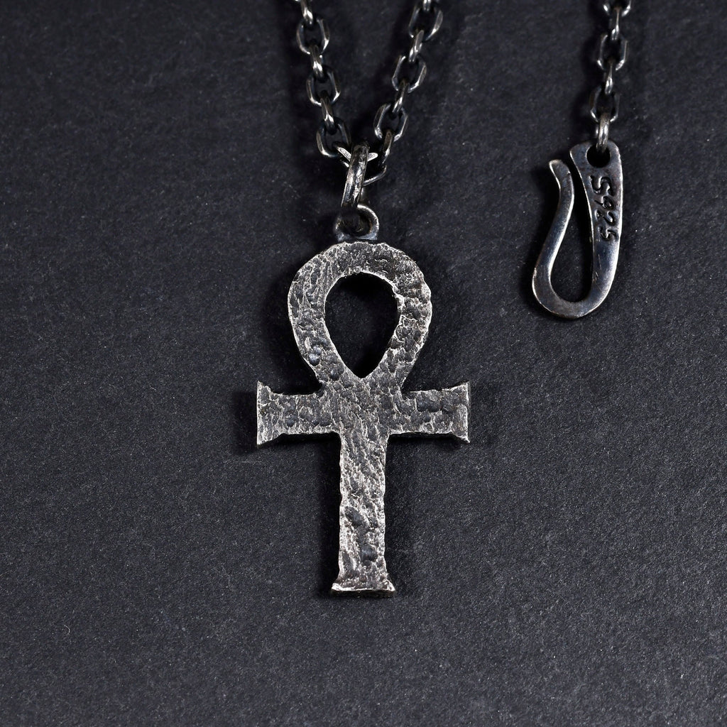 Silver Egyptian Ankh Cross Man's Necklace/ Black Rock Texture Rustic Handmade Cross Pendant