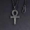 Silver Egyptian Ankh Cross Man's Necklace/ Black Rock Texture Rustic Handmade Cross Pendant