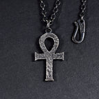 Silver Egyptian Ankh Cross Man's Necklace/ Black Rock Texture Rustic Handmade Cross Pendant
