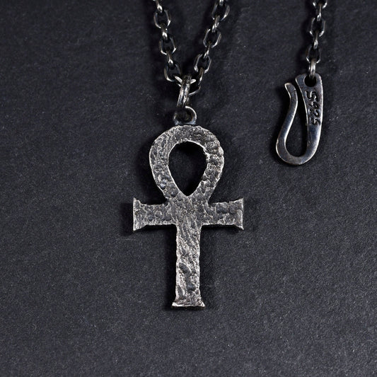 Silver Egyptian Ankh Cross Man's Necklace/ Black Rock Texture Rustic Handmade Cross Pendant