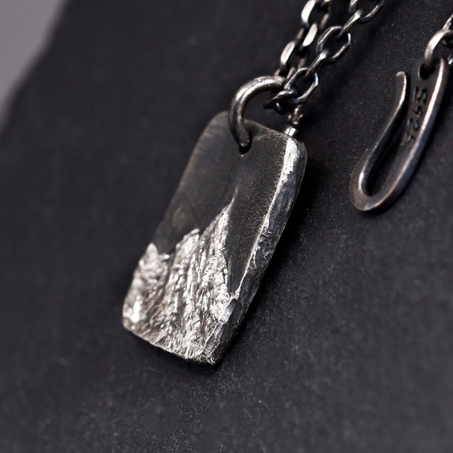 Oxidized Sterling Silver Mountain Pendant in Rectangle Shape/Rustic Handmade Natural Necklace/Personalized Anniversary/Birthday Gift For Man