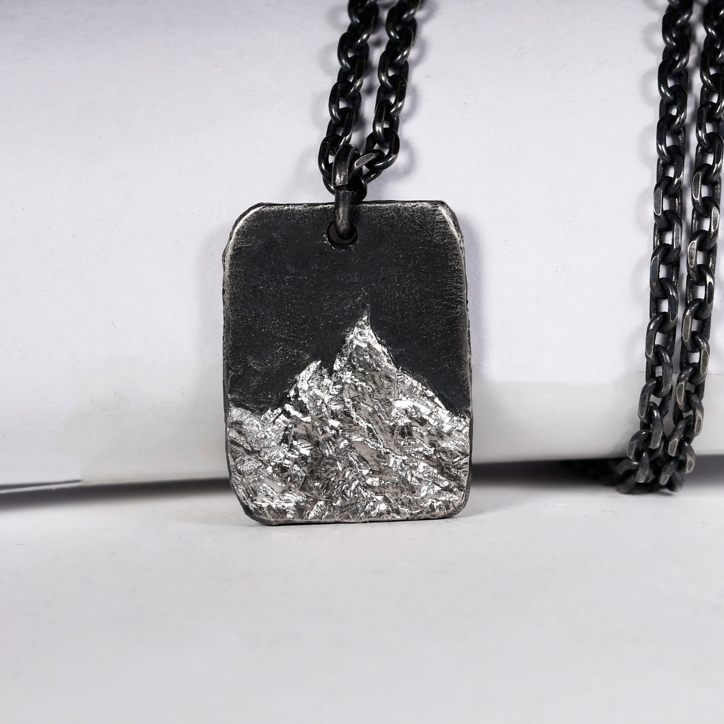 Oxidized Sterling Silver Mountain Pendant in Rectangle Shape/Rustic Handmade Natural Necklace/Personalized Anniversary/Birthday Gift For Man