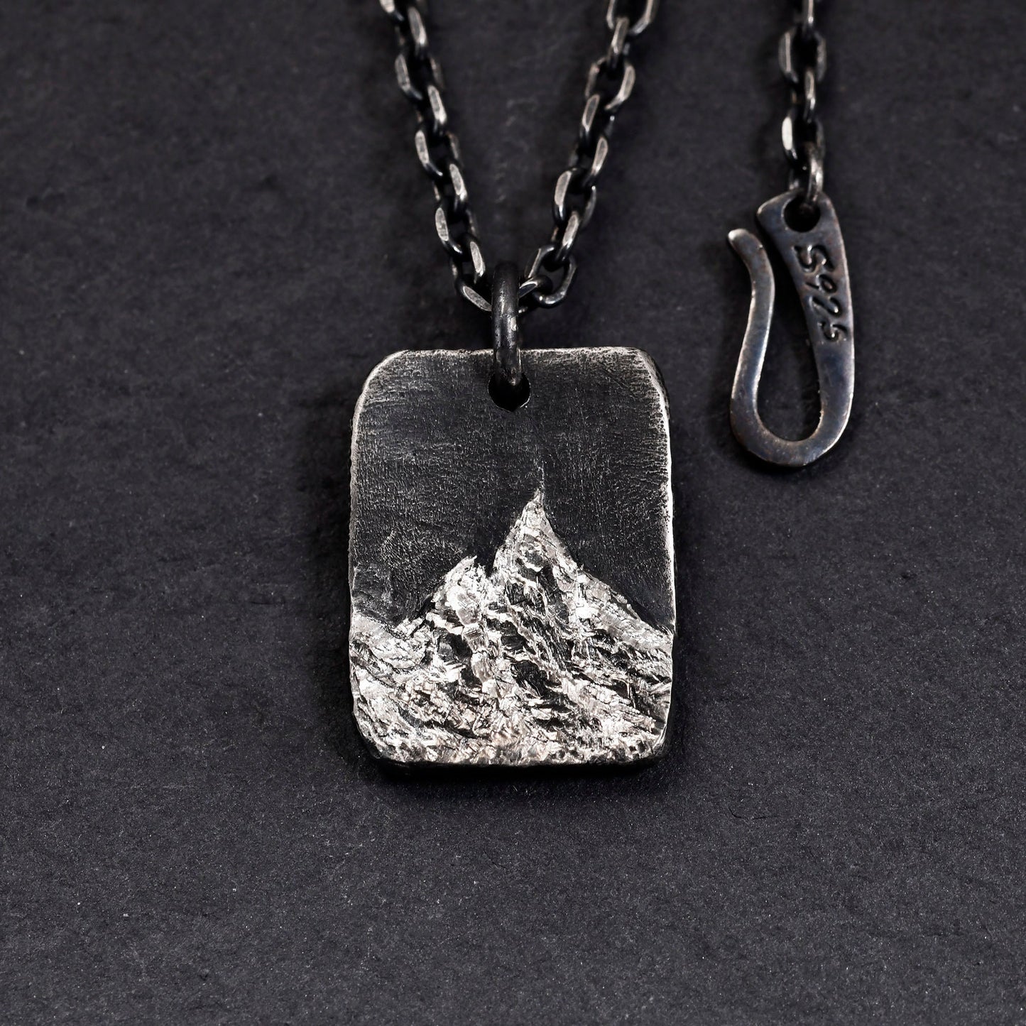 Oxidized Sterling Silver Mountain Pendant in Rectangle Shape/Rustic Handmade Natural Necklace/Personalized Anniversary/Birthday Gift For Man