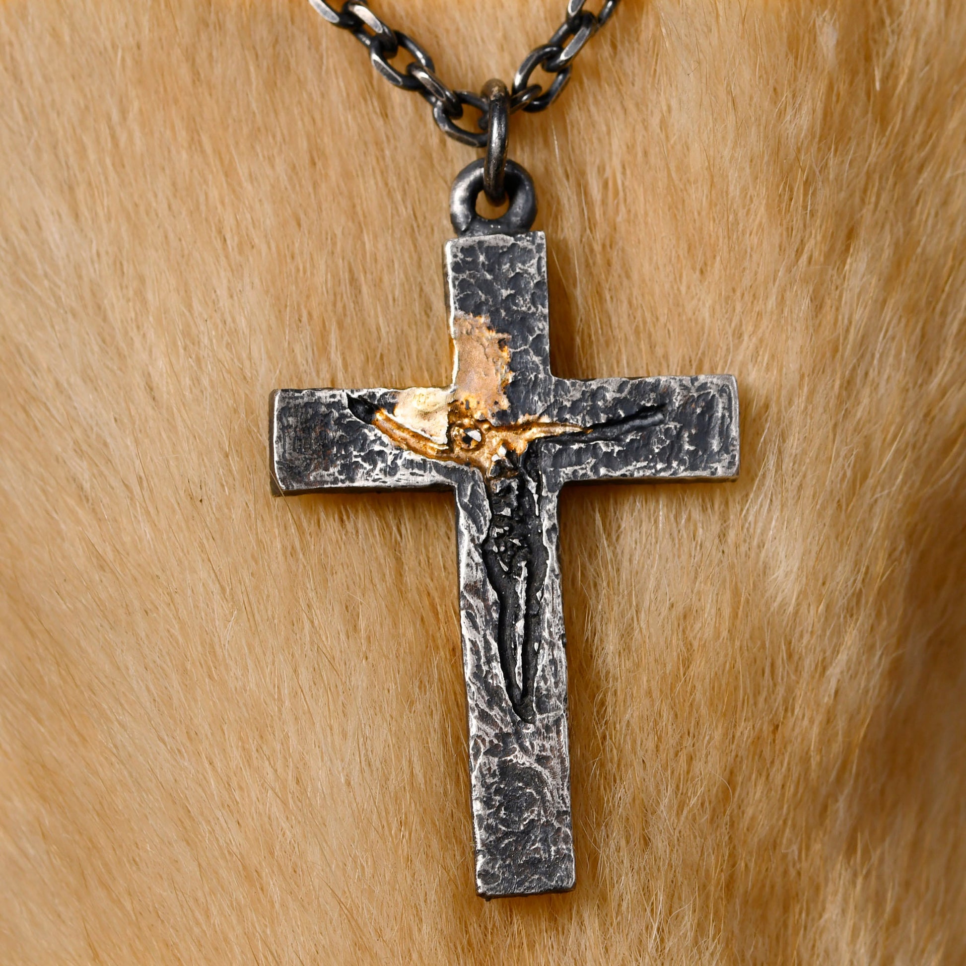 Black Silver Gold Jesus Cross Necklace for Men | Rustic Handmade Cross Pendant | Anniversary/Birthday Gift