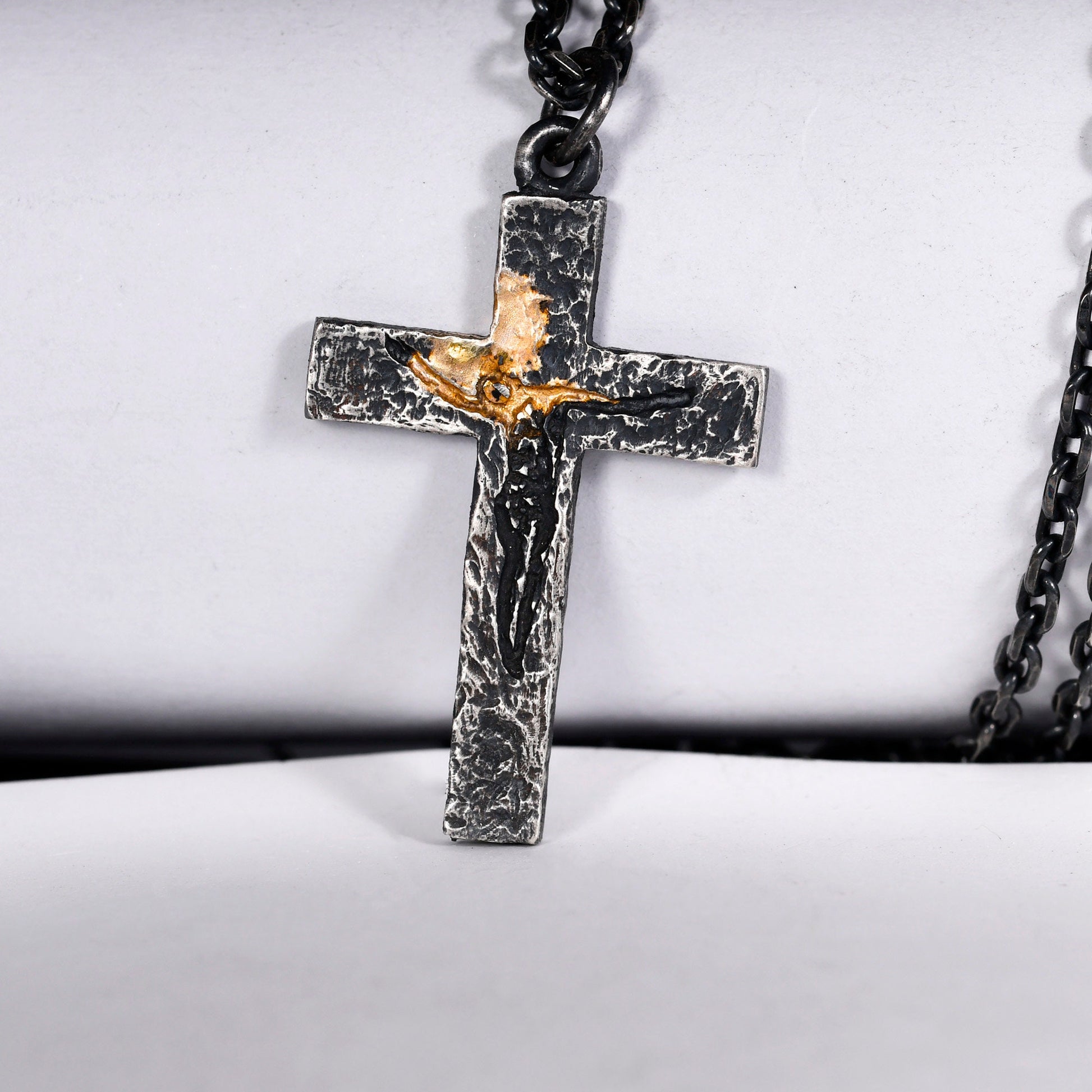 Black Silver Gold Jesus Cross Necklace for Men | Rustic Handmade Cross Pendant | Anniversary/Birthday Gift