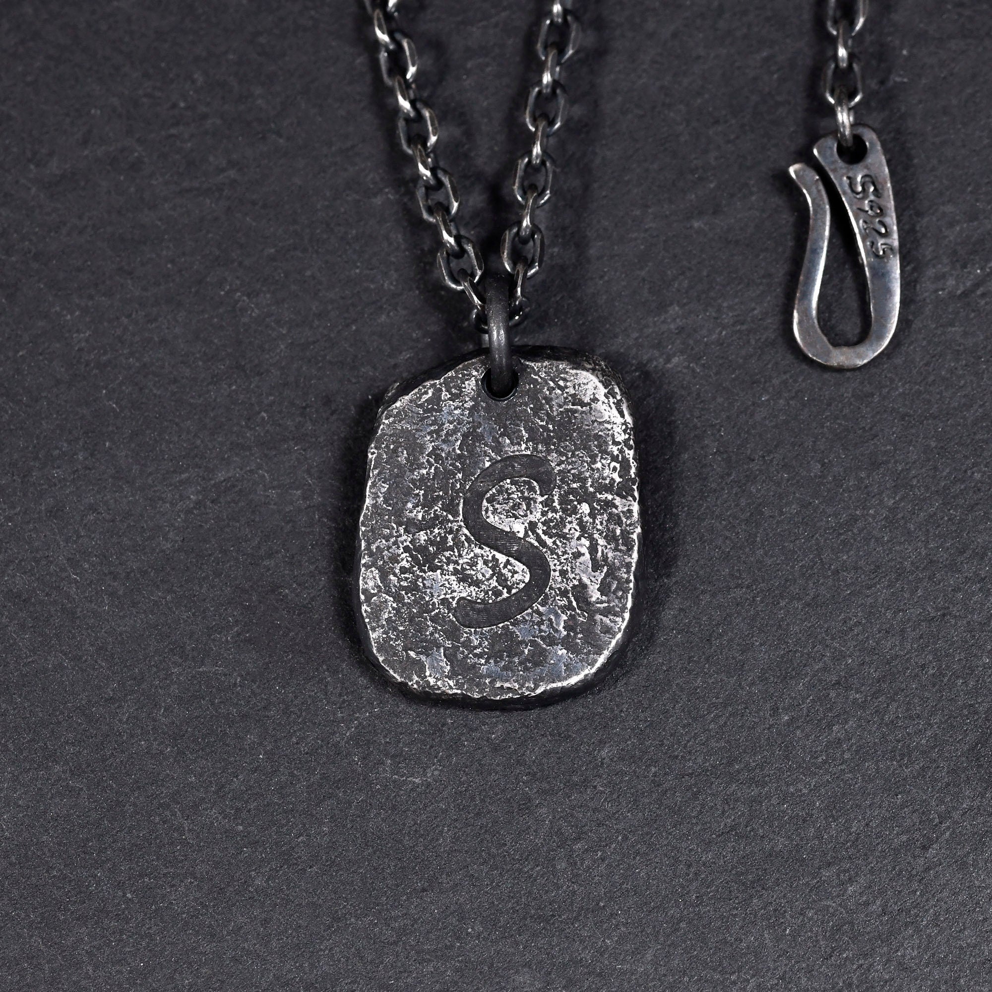 Oxidized Rustic Initial Pendant with rock texture/ Rustic Handmade Stamp Letter necklace as Anniversary or Birthday Gift For Man