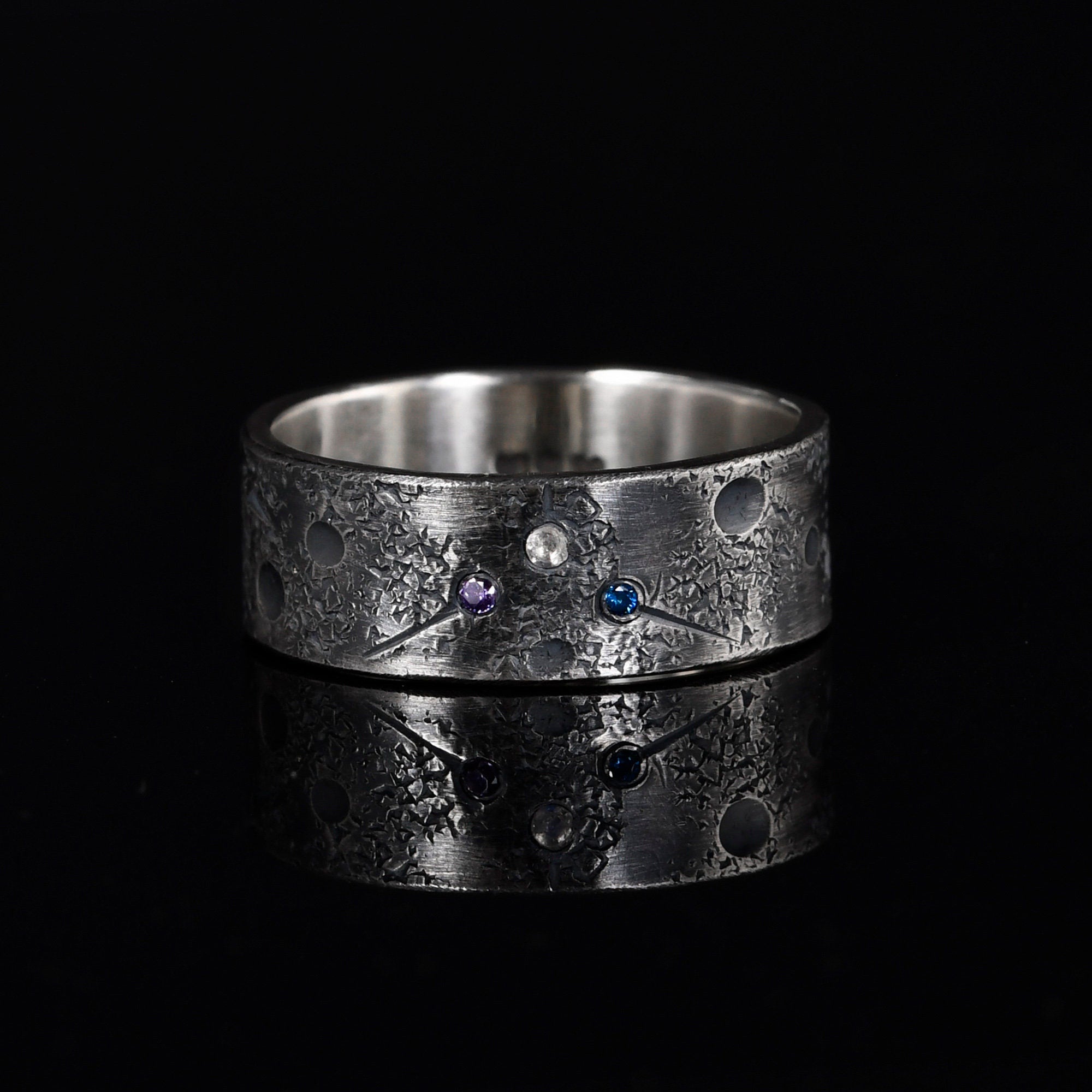 Personalized Family Birthstone Celestial Ring/Viking Wedding Band/Celtic Ring/Moon and Star ring/Chunky rings/planet ring/Hand Forged Ring