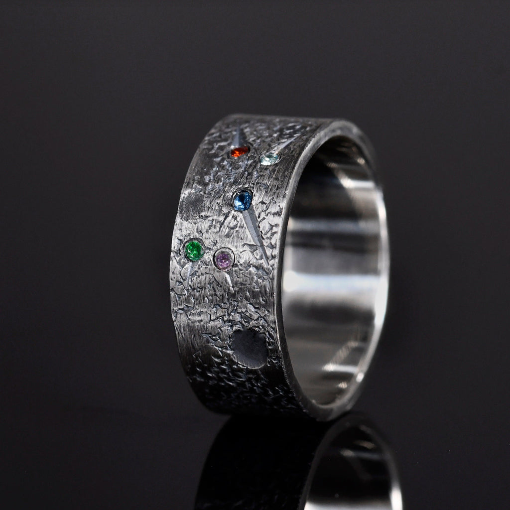 Personalized Family Birthstone Celestial Ring/Viking Wedding Band/Celtic Ring/Moon and Star ring/Chunky rings/planet ring/Hand Forged Ring