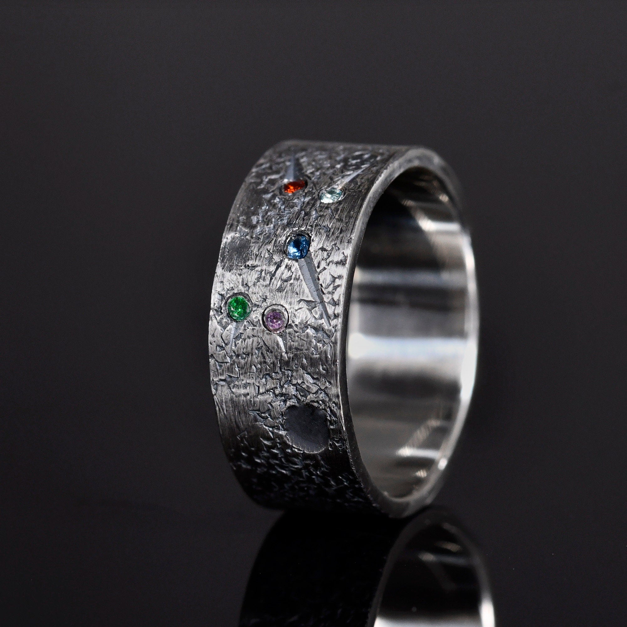 Personalized Family Birthstone Celestial Ring/Viking Wedding Band/Celtic Ring/Moon and Star ring/Chunky rings/planet ring/Hand Forged Ring