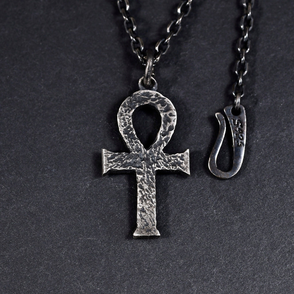 Silver Egyptian Ankh Cross Man's Necklace/ Black Rock Texture Rustic Handmade Cross Pendant