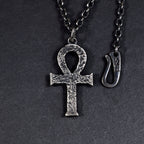Silver Egyptian Ankh Cross Man's Necklace/ Black Rock Texture Rustic Handmade Cross Pendant