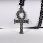 Silver Egyptian Ankh Cross Man's Necklace/ Black Rock Texture Rustic Handmade Cross Pendant