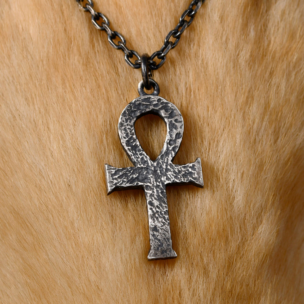 Silver Egyptian Ankh Cross Man's Necklace/ Black Rock Texture Rustic Handmade Cross Pendant