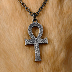 Silver Egyptian Ankh Cross Man's Necklace/ Black Rock Texture Rustic Handmade Cross Pendant