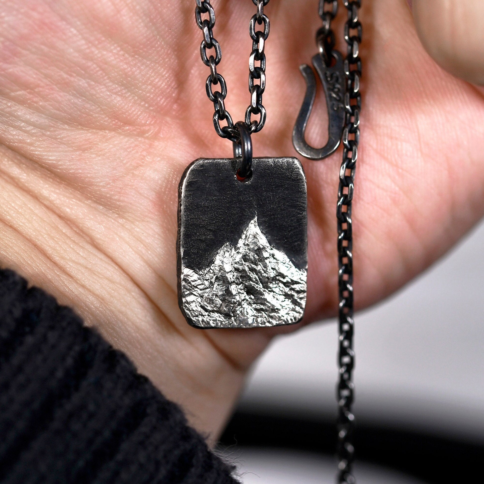 Oxidized Sterling Silver Mountain Pendant in Rectangle Shape/Rustic Handmade Natural Necklace/Personalized Anniversary/Birthday Gift For Man