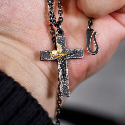 Black Silver Gold Jesus Cross Necklace for Men | Rustic Handmade Cross Pendant | Anniversary/Birthday Gift